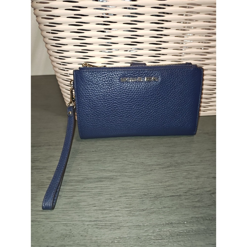 Michael Kors Blue Double Zip Wristlet Wallet Pebbled Leather Gold Tone Large...